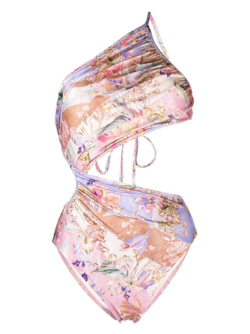 Purple Floral Print Cut-out Swimsuit