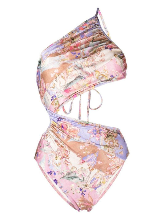 Purple Floral Print Cut-out Swimsuit
