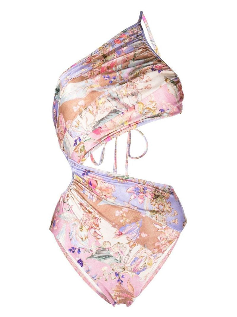 Purple Floral Print Cut-out Swimsuit
