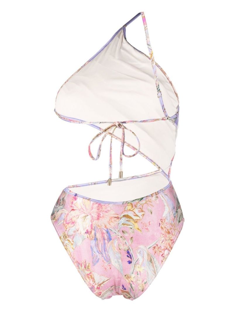 Purple Floral Print Cut-out Swimsuit