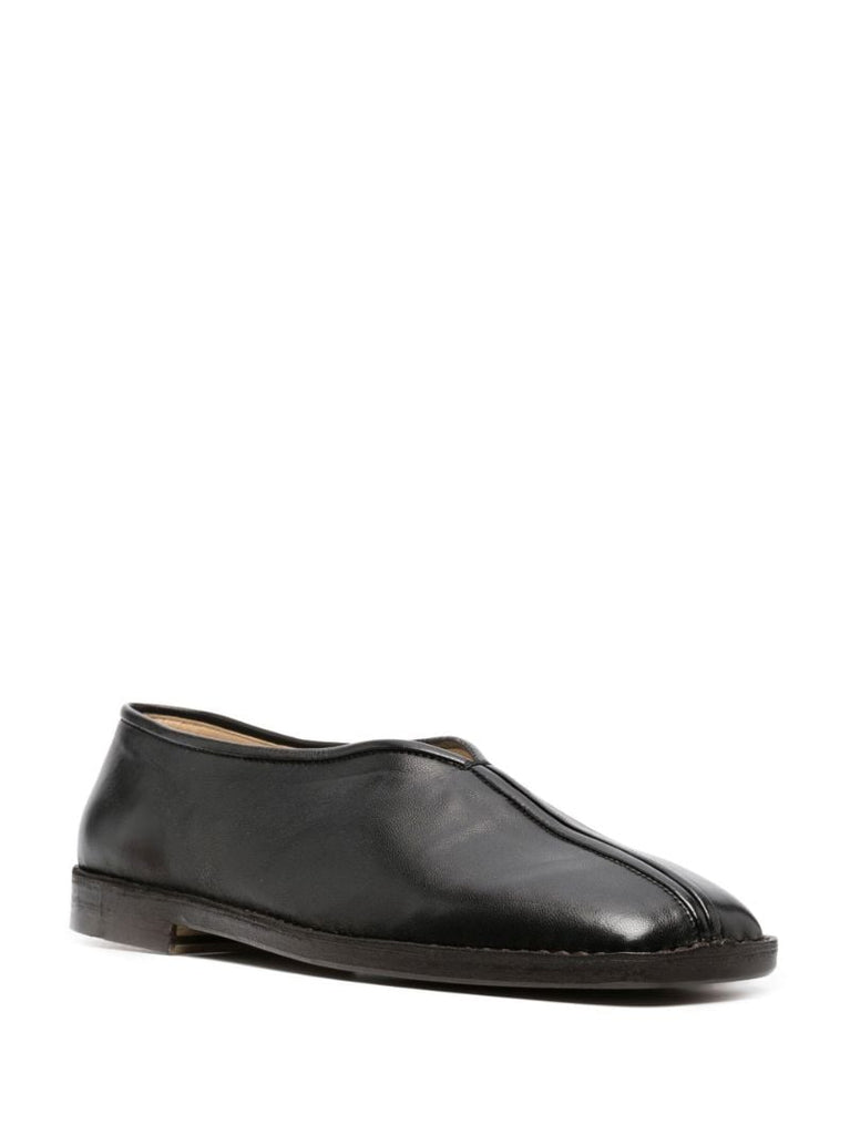 Black Flat Piped Leather Slippers