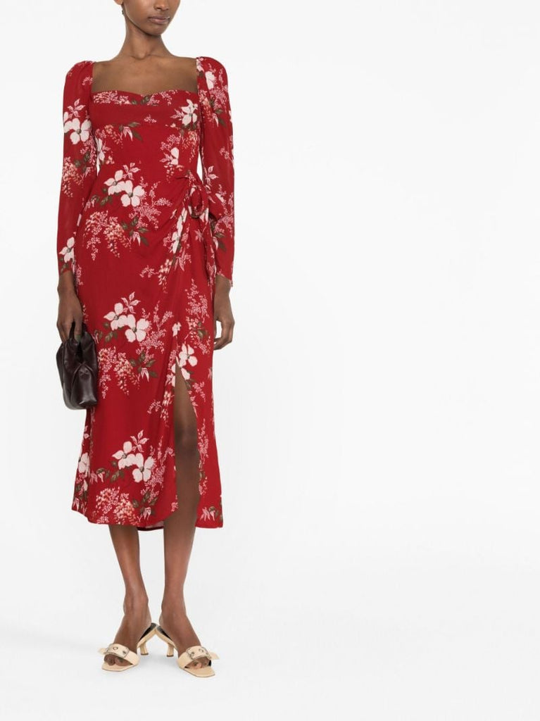 Red Theo Floral-print Midi Dress