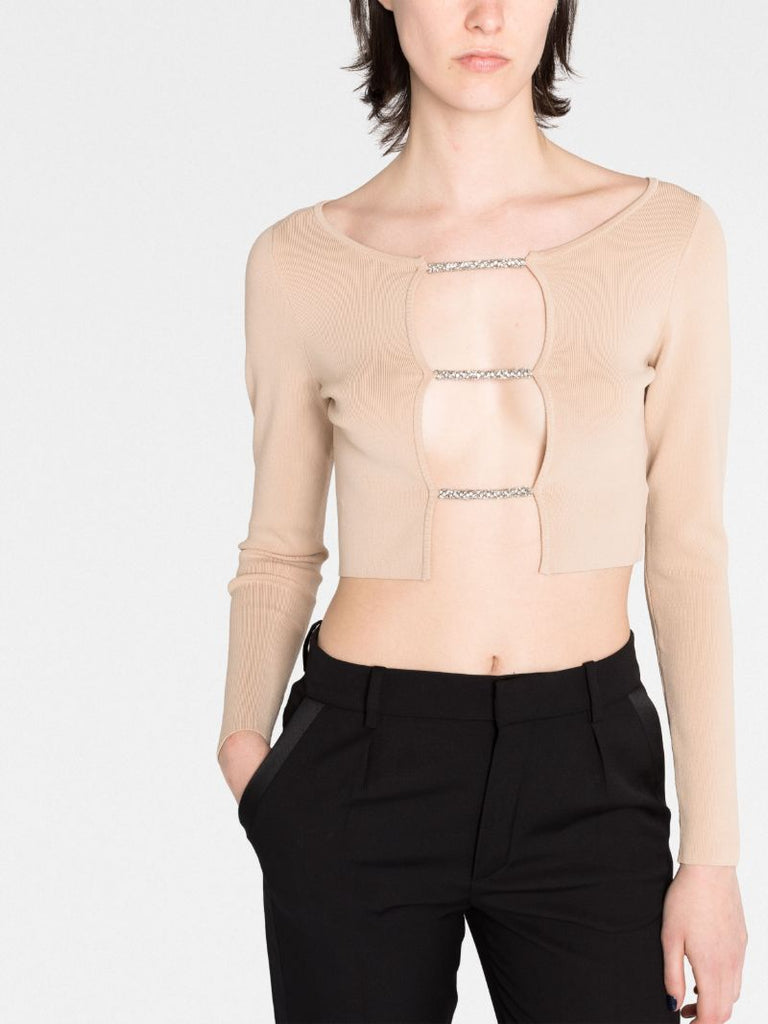 Neutral Crystal-embellished Crop Top