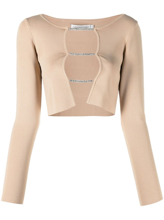 Neutral Crystal-embellished Crop Top