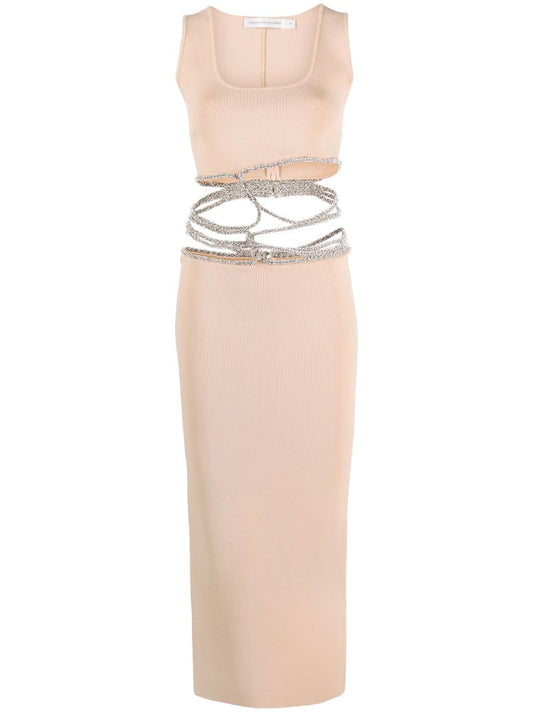 Neutral Crystal-embellishment Interweaved Knitted Midi Dress