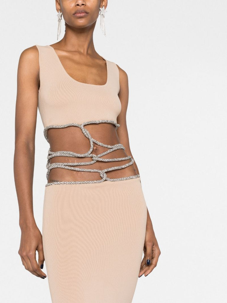 Neutral Crystal-embellishment Interweaved Knitted Midi Dress