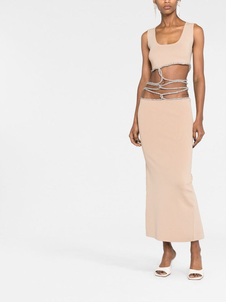 Neutral Crystal-embellishment Interweaved Knitted Midi Dress