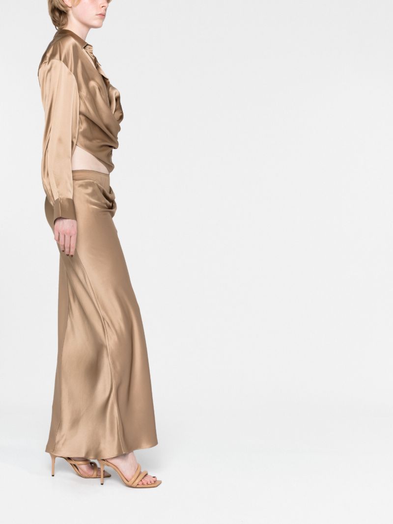 Brown Draped Silk Maxi Skirt