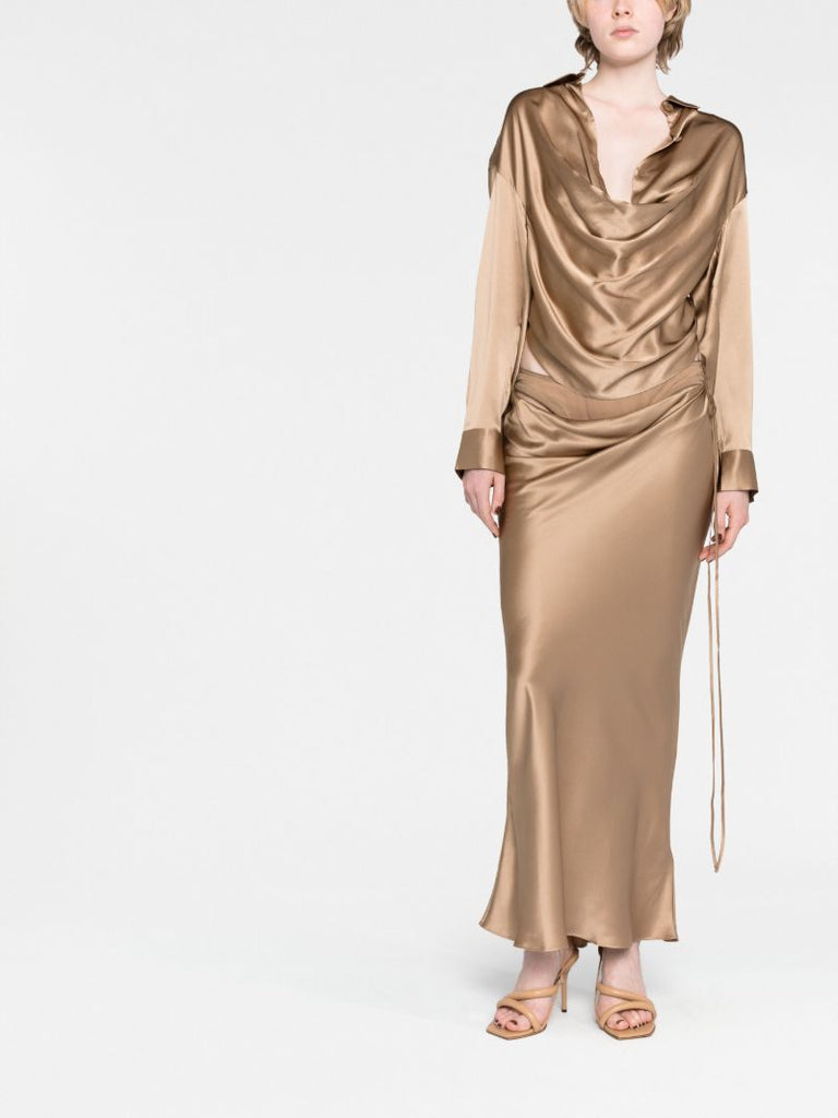 Brown Draped Silk Maxi Skirt