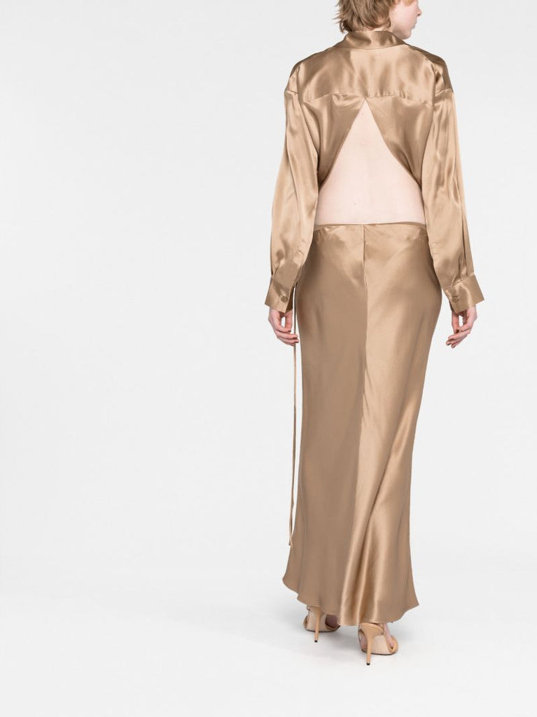Brown Draped Silk Maxi Skirt