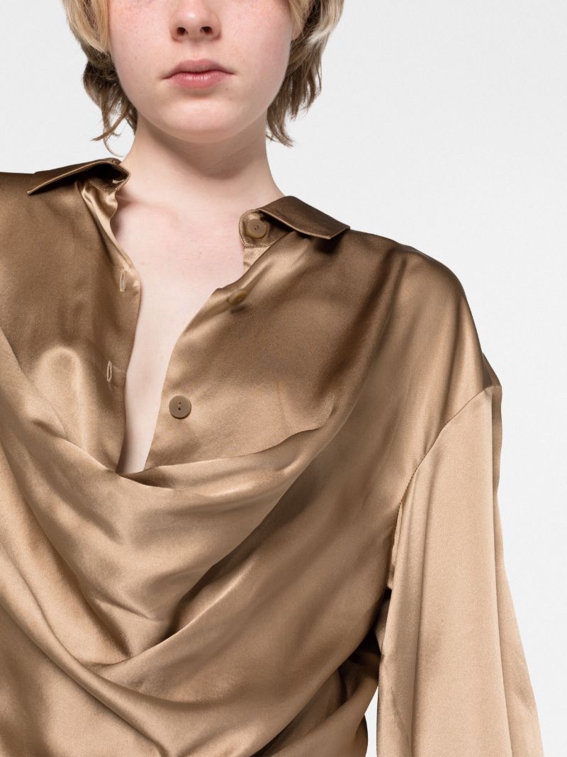 Brown Draped Silk Shirt