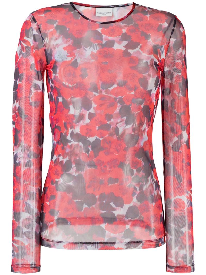 Red Floral Print Long Sleeve Top