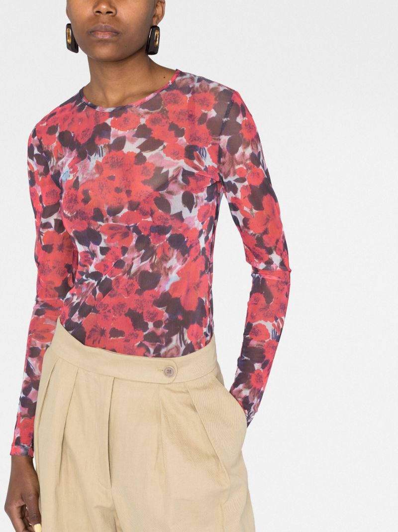 Red Floral Print Long Sleeve Top