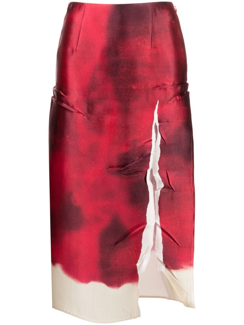 Red Printed Satin Pencil Skirt