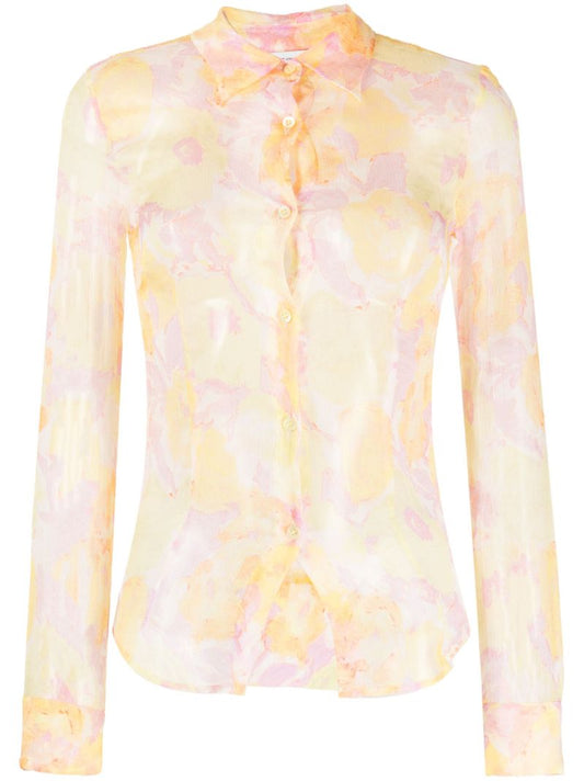Yellow Floral Crinkled Silk Shirt