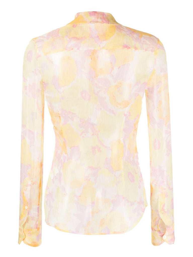 Yellow Floral Crinkled Silk Shirt