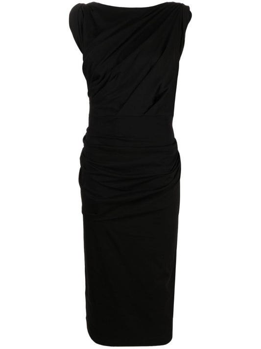 Black Gathered Cotton Midi Dress