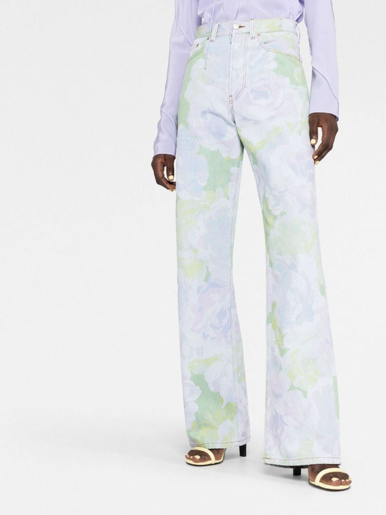 Blue Rose Print Flared Jeans
