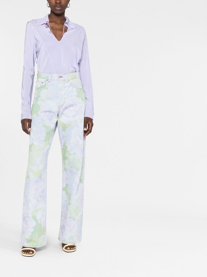 Blue Rose Print Flared Jeans