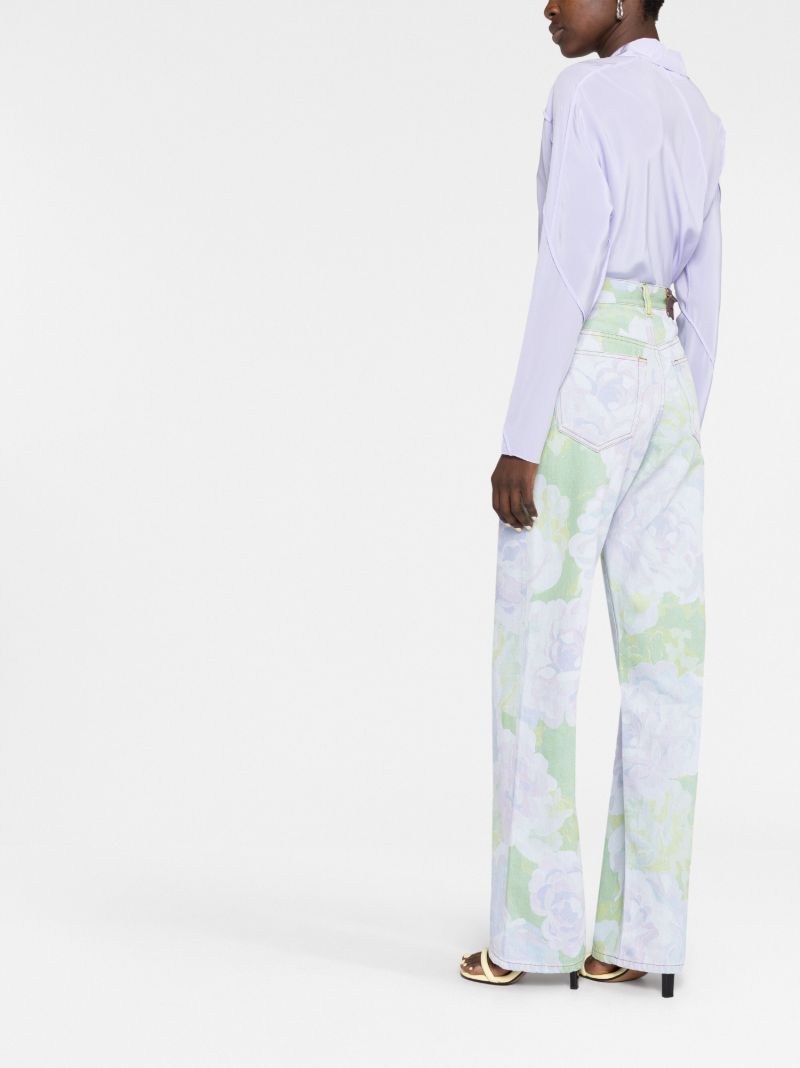 Blue Rose Print Flared Jeans