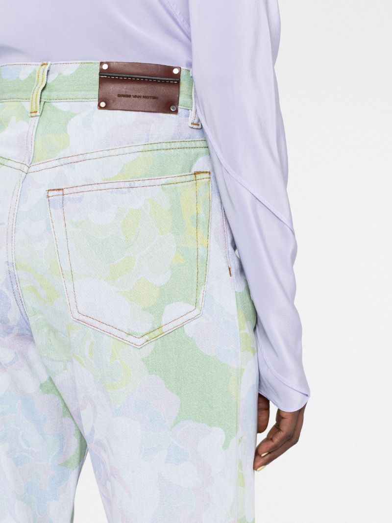 Blue Rose Print Flared Jeans