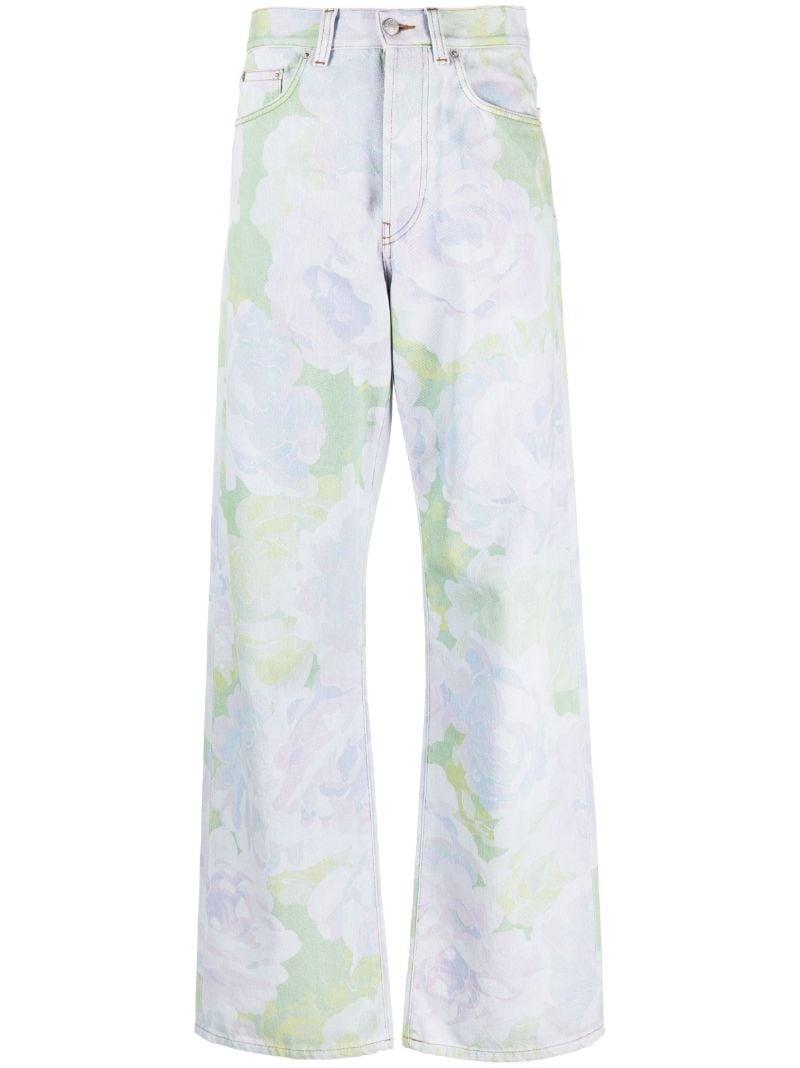 Blue Rose Print Flared Jeans