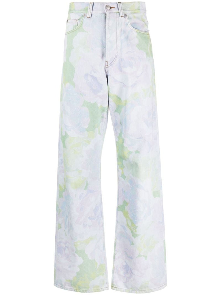 Blue Rose Print Flared Jeans