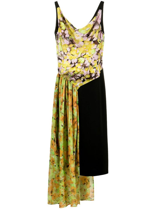 Yellow Floral Print Asymmetric Dress
