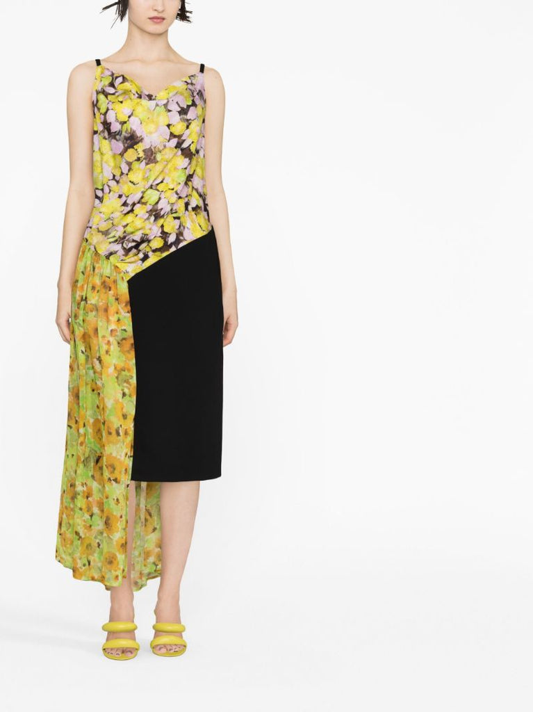 Yellow Floral Print Asymmetric Dress