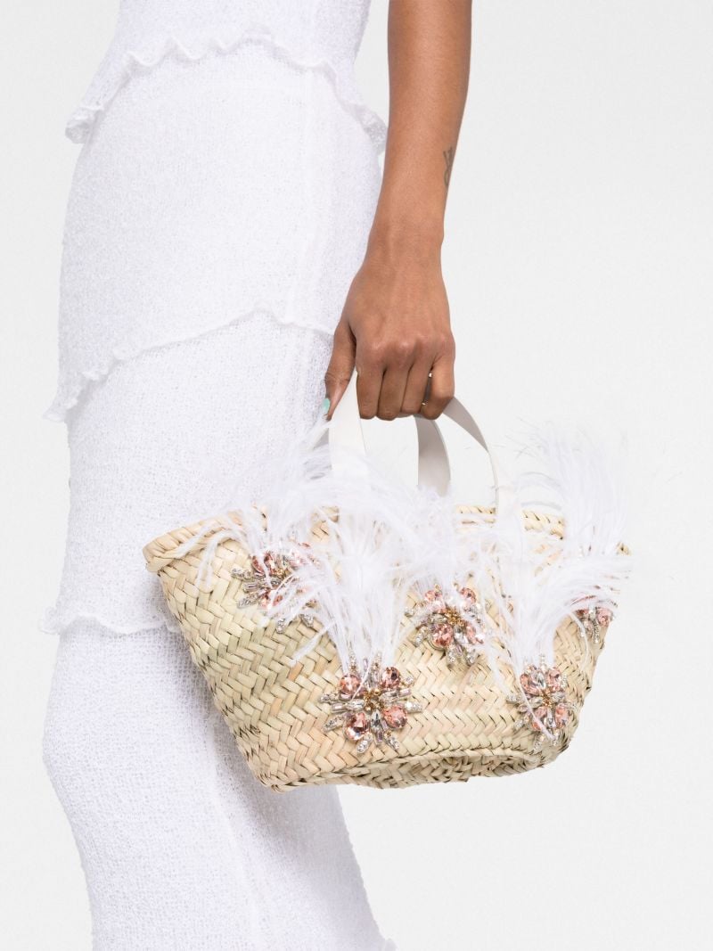 Neutral Crystal-embellished Raffia Tote Bag