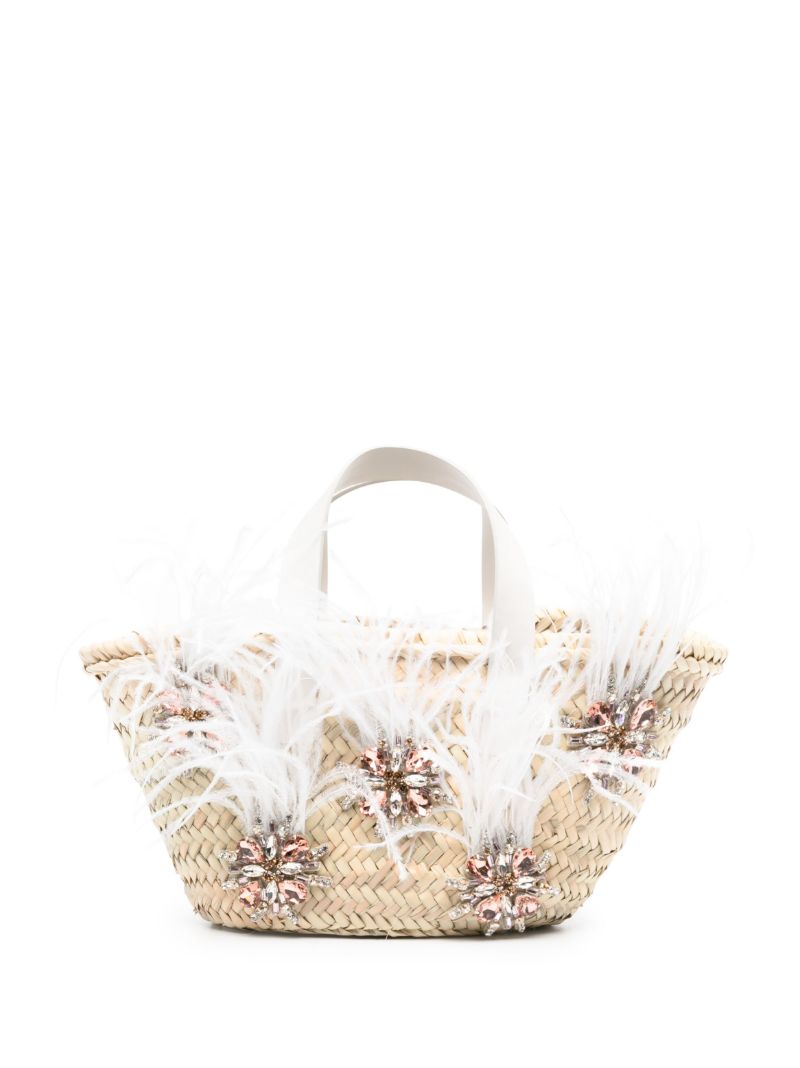 Neutral Crystal-embellished Raffia Tote Bag