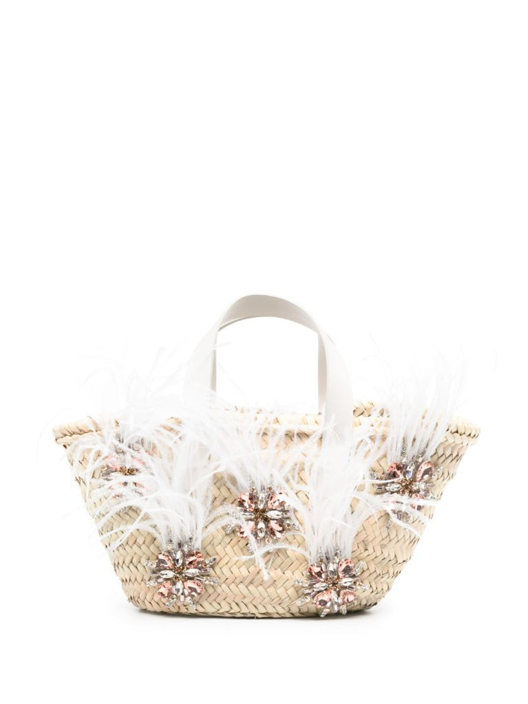 Neutral Crystal-embellished Raffia Tote Bag