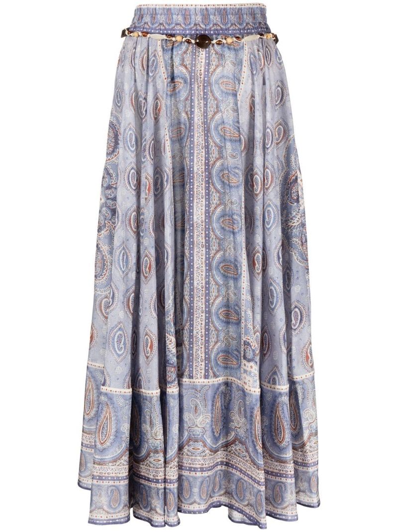 Blue Vitali Paisley Print Silk Midi Skirt