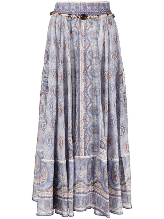Blue Vitali Paisley Print Silk Midi Skirt