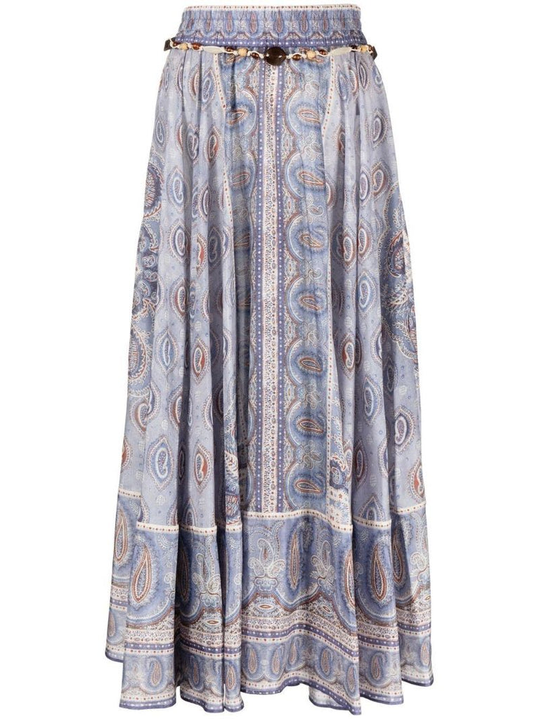 Blue Vitali Paisley Print Silk Midi Skirt
