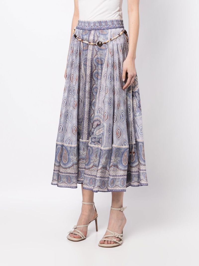 Blue Vitali Paisley Print Silk Midi Skirt