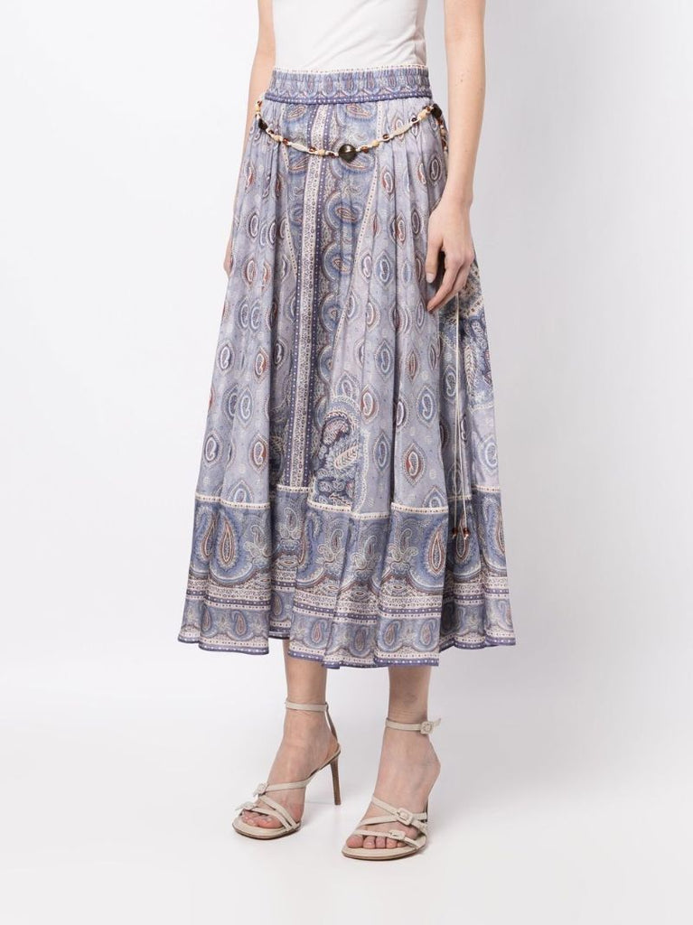 Blue Vitali Paisley Print Silk Midi Skirt