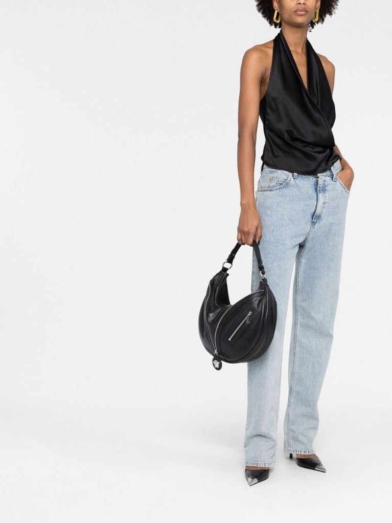 Black Medusa Zip Leather Shoulder Bag