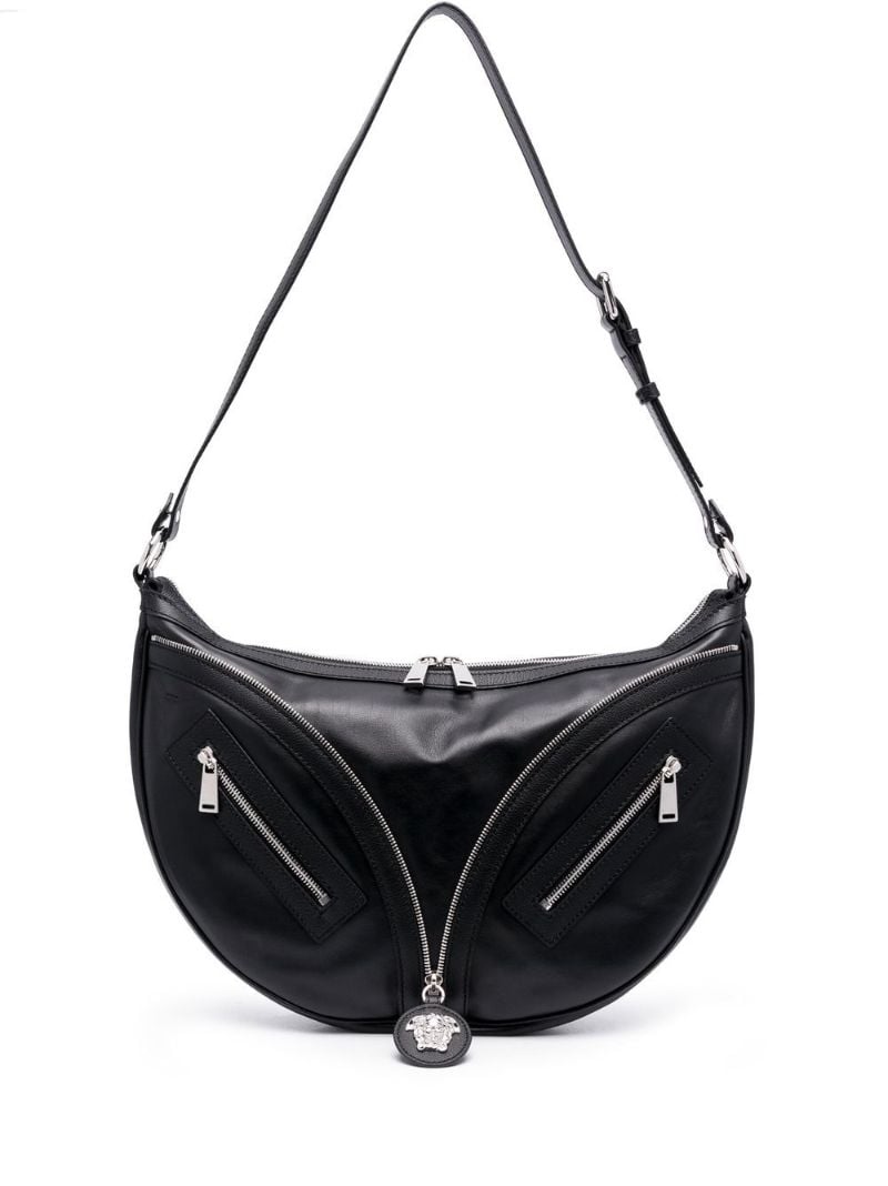 Black Medusa Zip Leather Shoulder Bag