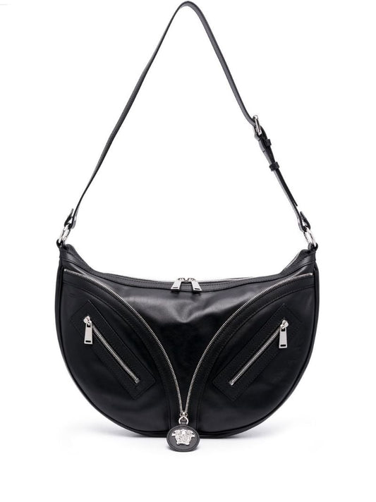 Black Medusa Zip Leather Shoulder Bag