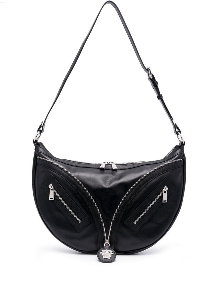 Black Medusa Zip Leather Shoulder Bag
