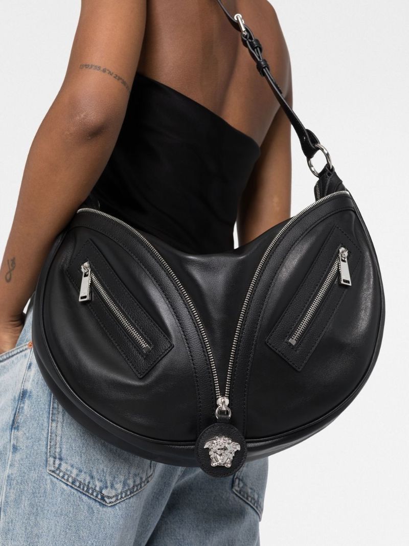 Black Medusa Zip Leather Shoulder Bag