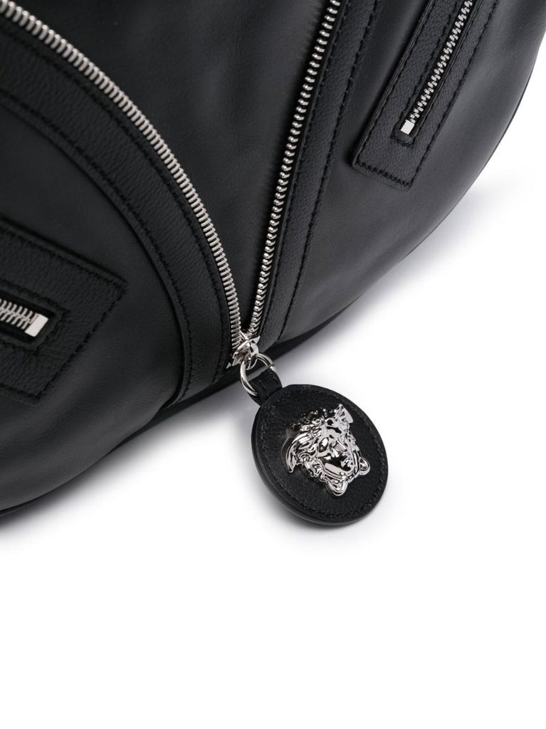 Black Medusa Zip Leather Shoulder Bag