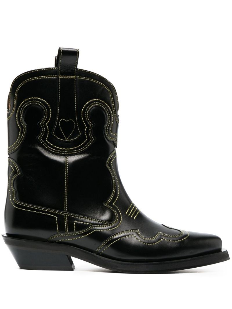 Black Embroidered Leather Western Boots