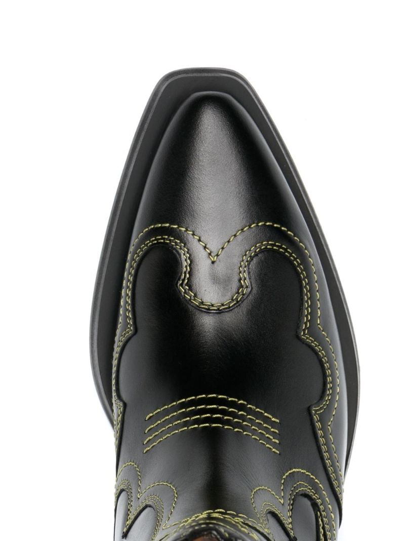 Black Embroidered Leather Western Boots