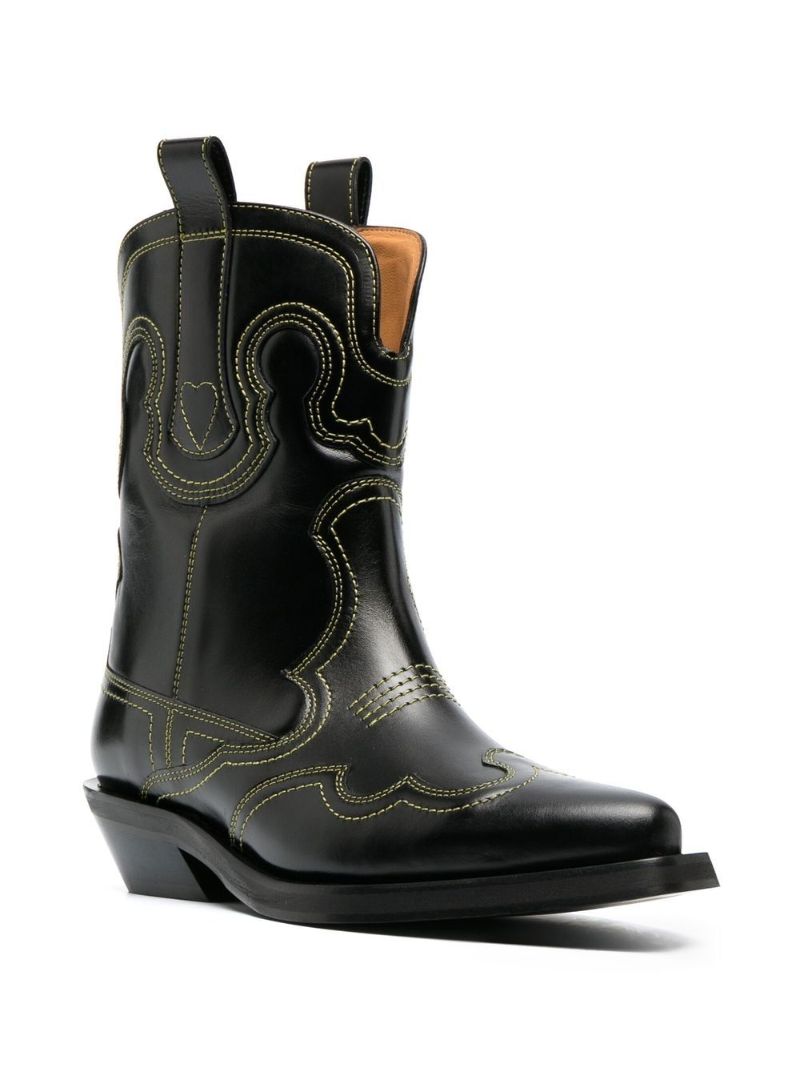 Black Embroidered Leather Western Boots