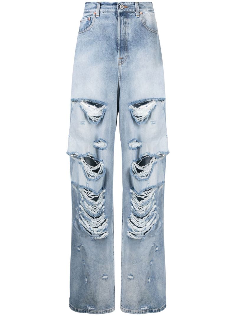 Blue Distressed Wide-leg Jeans