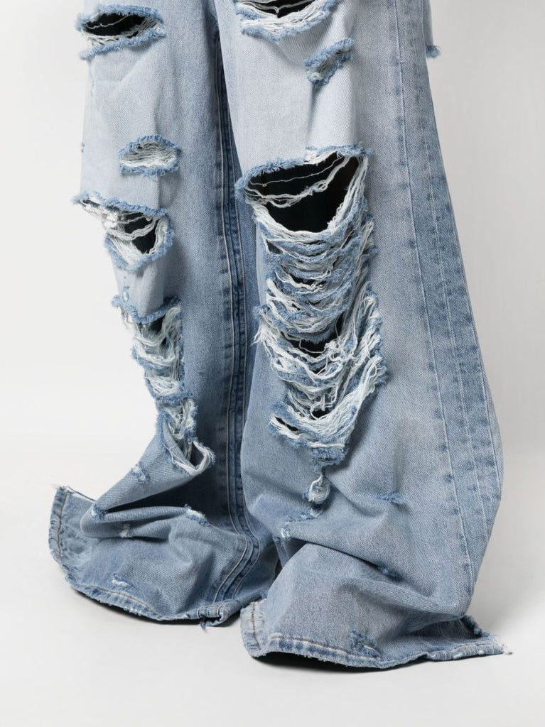 Blue Distressed Wide-leg Jeans