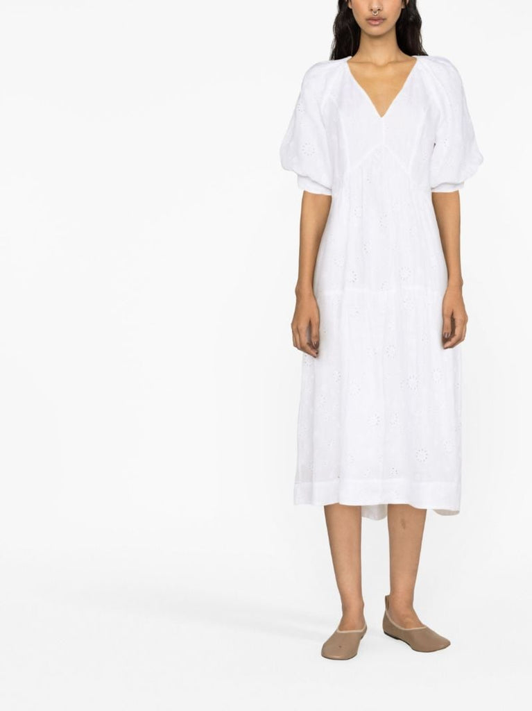 White V-neck Puff Sleeve Maxi Dress