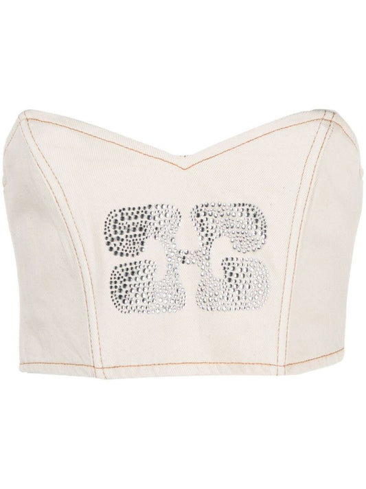 Neutral Crystal-embellished Denim Top